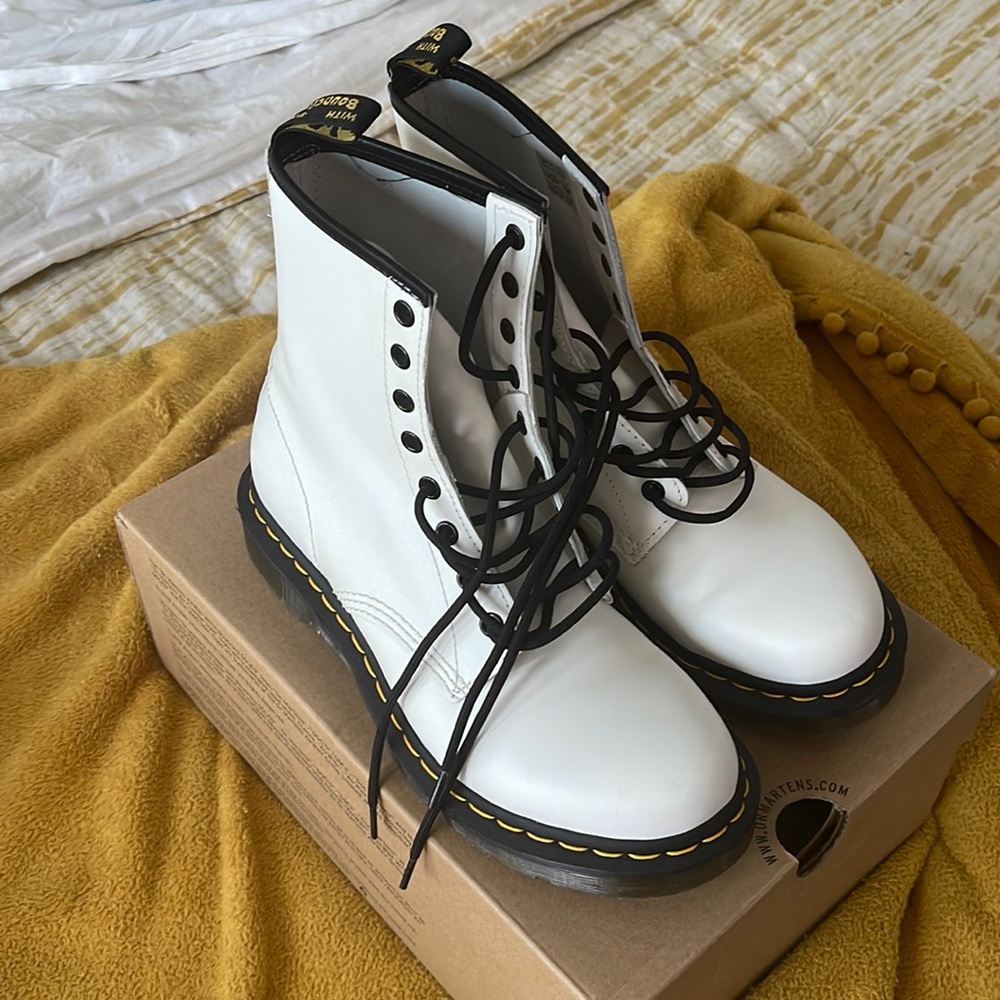 Dr. Martens White Leather Combat Boots with Black Trim and Yellow Stitching